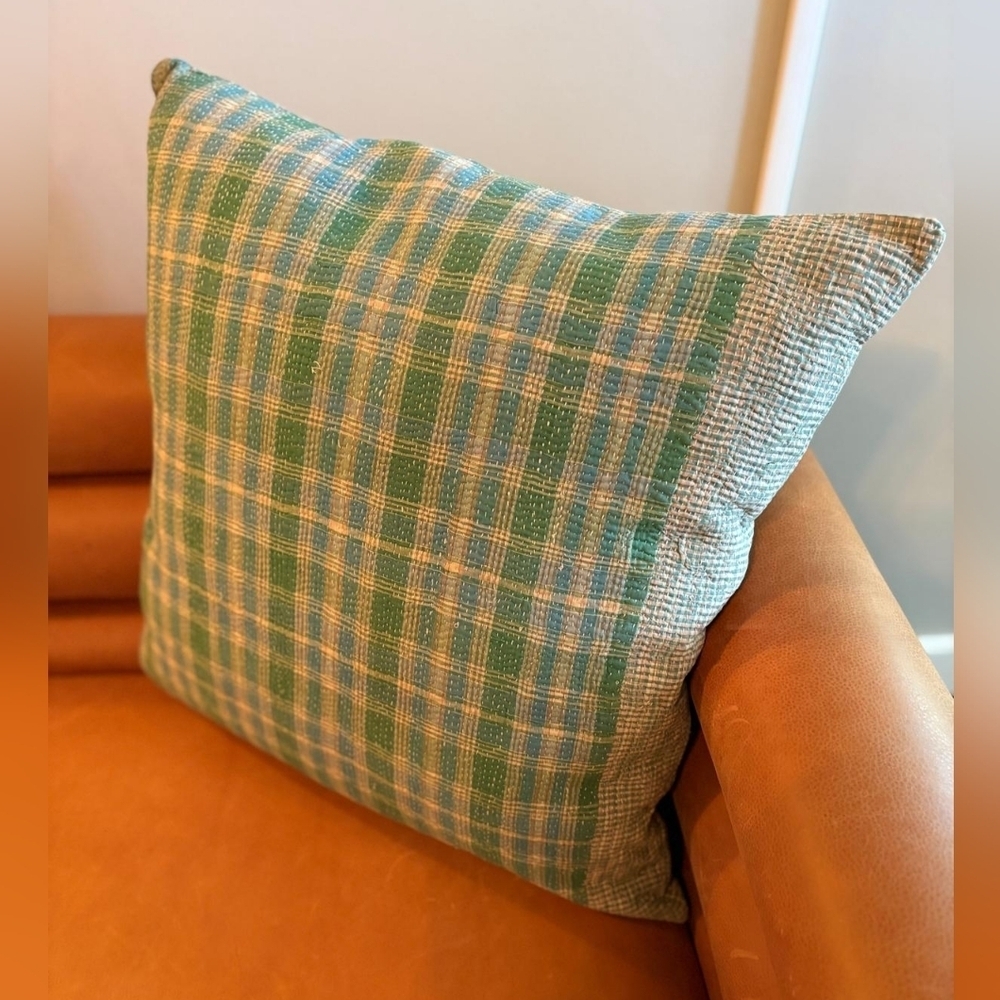 NWT Vintage One Of A Kind Sari Kantha Pillow-22in Green/Blue Plaid